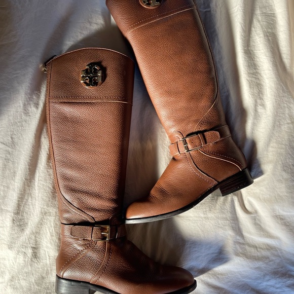 TORY BURCH ADELINE 21MM ALMOND BROWN TUMBLED LEATHER RIDING BOOTS W7 - Picture 3 of 14